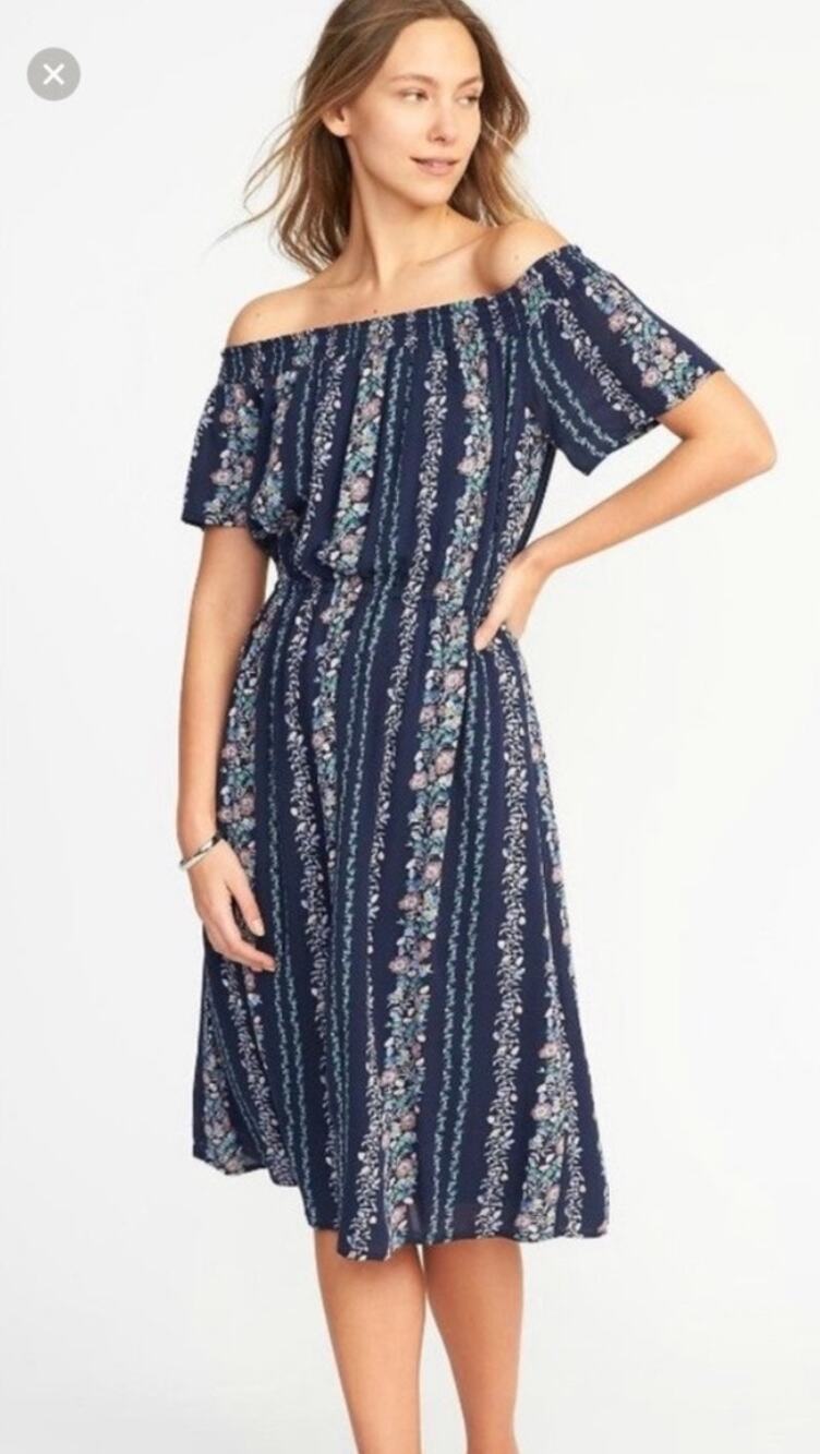 Old Navy Blue Smock Floral Off Shoulder Midi Dress XL